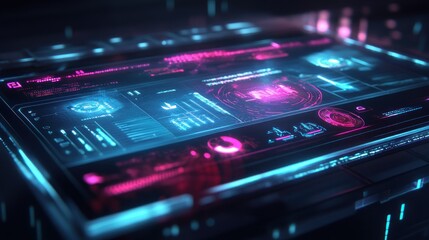 Poster - Holographic neon interface with touch panel and futuristic UI elements, background wallpaper AI generated image