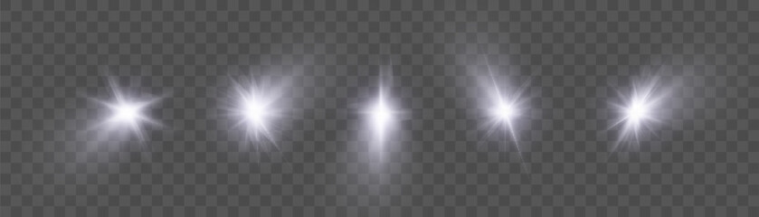 Aufkleber - Set of glowing white highlights with radial light burst and transparent glow. Isolated highlights for effects, overlays, UI lighting.