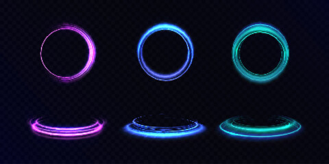Fototapete - Bright light rings circles with neon effect. Round frame light effect on black background. For web design and illustrations