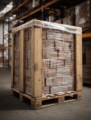 Fototapete - Wooden Pallet With Wrapped Bricks in a Warehouse, Showcasing Storage Efficiency in Industrial Space