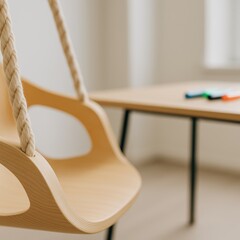 Poster - Modern wooden swing chair in minimalist indoor setting with cozy natural light and simple decor