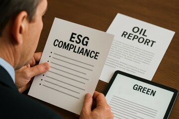 Poster - Business Professional Reviewing ESG Compliance and Oil Report Documents on Wooden Table