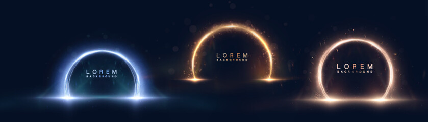 Fototapete - Set of colorful arches in bright glow with sparks and glitter on dark background. Futuristic energy halos with sparkling shimmer.