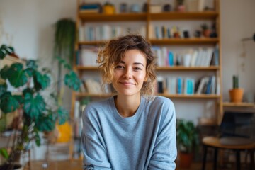Smiling Woman Poses in Cozy Home Interior with Bookshelf and Plants as Background with Natural Lighting Portrait