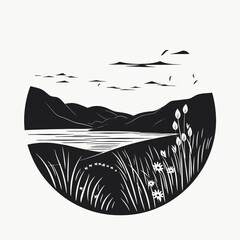 Poster - Landscape scenery nature mountain lake sun flowers birds black white vector illustration graphic design silhouette