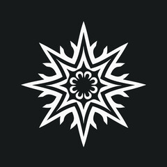 Poster - White snowflake design on black background symmetrical star pattern abstract floral art vector graphic shape icon silhouette