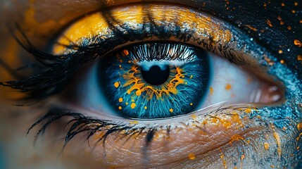 Wall Mural - close-up of an artistic eye with vibrant blue hue and orange paint accents, showcasing stunning deta