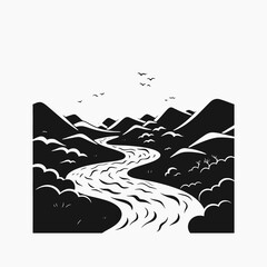 Poster - River landscape mountain nature scenery vector illustration black and white background outdoor travel art design
