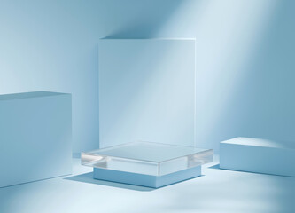 Poster - Clear Podium platform for advertising product display background 3d rendering	
