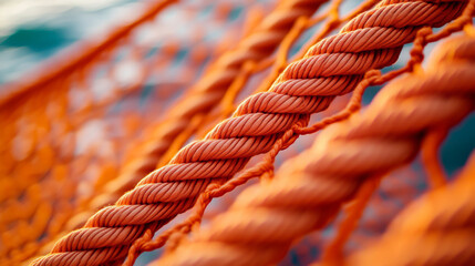 Close-up of a vibrant orange rope net draped in a smooth curve, emphasizing its strong knots and consistent square pattern