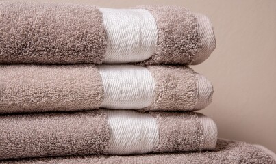 Poster - Stack Of Folded Beige Towels With White Stripes, Representing Cleanliness and Comfort For Hotel or Spa Advertising : Generative AI