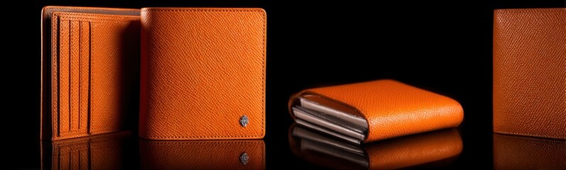 Poster - Luxurious Orange Leather Wallets on Reflective Surface, Showcasing Craftsmanship and Financial Planning : Generative AI