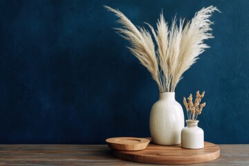 Poster - Pampas Grass in Ceramic Vases Against Dark Blue Wall, Symbolizing Minimalist Style and Interior Design Trends for Home Decor : Generative AI