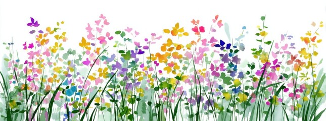 Poster - Watercolor Wildflower Meadow With Butterfly, Representing Springtime Growth and Floral Beauty for Greeting Cards and Seasonal Celebrations : Generative AI