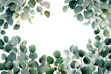 Poster - Watercolor Eucalyptus Border on White Background, Ideal for Wedding Invitations and Botanical Beauty Product Promotion, Conveying Natural Wellness : Generative AI
