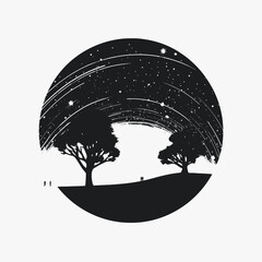 Poster - Trees silhouette night stars sky landscape nature dark galaxy cosmos universe astronomy scenic view black
