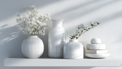 Poster - White Flowers in Marble Vases on a Shelf, Representing Elegant Home Decor and Interior Design Trends for Minimalist Living Spaces : Generative AI
