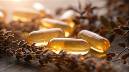 Aufkleber - Glowing Capsules Under Soft Light with Botanical Elements