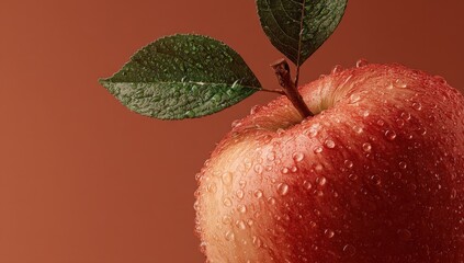 Poster - Fresh Red Apple With Water Droplets on Brown Background, Showcasing Healthy Eating and Natural Beauty for Food Industry Marketing : Generative AI