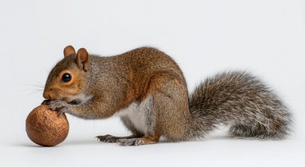 Poster - Eastern Gray Squirrel Holding a Nut Against a White Background, Symbolizing Wildlife Conservation and Autumn Harvest : Generative AI