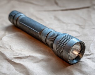 Leinwandbilder - Vintage Metal Flashlight on Brown Paper, Symbolizing Guidance and Safety in Emergency Preparedness Scenarios, Ideal for Camping and Outdoor Adventures : Generative AI
