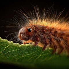 Poster - Fuzzy Orange Caterpillar on Green Leaf in Macro View, Showcasing Nature's Wonders and Insect Biodiversity for Educational Materials : Generative AI