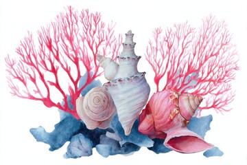 Poster - Watercolor Seashells and Coral Reef Against White Backdrop, Ideal for Summer Vacation Marketing and Coastal Decor Projects : Generative AI
