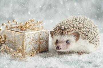 Aufkleber - Adorable Hedgehog Next to a Christmas Gift in the Snow, Symbolizing Holiday Cheer and Seasonal Celebration : Generative AI