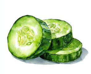 Leinwandbilder - Watercolor Painting of Cucumber Slices Stacked, Depicting Healthy Eating and Freshness for Culinary Projects and Recipe Illustrations : Generative AI