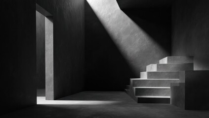 Poster - Concrete Staircase in Dark Room With Sunlight, Illustrating Architectural Design and Interior Innovation : Generative AI