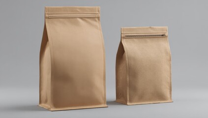 Poster - Two Brown Paper Bags on Gray Background, Representing Sustainable Packaging and Product Presentation for Retail Marketing : Generative AI
