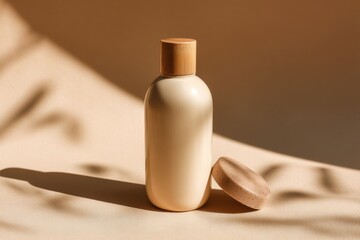 Poster - Beige Lotion Bottle With Wooden Cap and Soap Bar, Showcasing Natural Beauty and Sustainable Lifestyle, Ideal for Wellness and Spa Promotion : Generative AI
