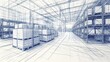 © LeNo - Progetto di magazzino industriale: rendering architettonico di struttura e scaffalature
