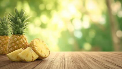 Poster - Pineapples on Wooden Table in Sunny Outdoor Setting, Illustrating Healthy Eating and Summer Refreshment for Food Bloggers : Generative AI