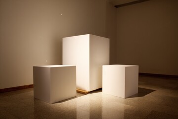Aufkleber - Three White Cubes in a Gallery Setting, Ideal for Product Mockups and Creative Presentation, Showcasing Minimalism and Modernity : Generative AI