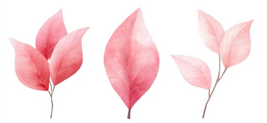 Aufkleber - Watercolor Pink Leaves on White Background, Illustrating Botanical Beauty and Springtime Renewal for Nature-Inspired Projects : Generative AI