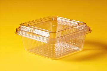 Poster - Clear Plastic Food Container on Yellow Background, Showcasing Product Packaging and Sustainable Consumption : Generative AI