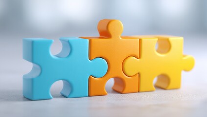 Poster - Connected Puzzle Pieces in Blue, Orange, and Yellow, Symbolizing Teamwork and Problem Solving in Business Strategy and Innovation, a Concept for Collaboration : Generative AI