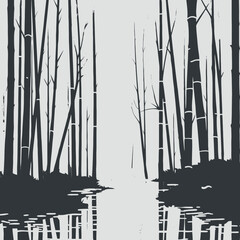 Poster - Bamboo forest trees river reflection nature landscape scenery monochrome grayscale vector illustration art silhouette