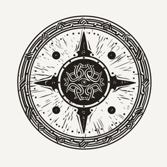 Poster - Shield round decorative pattern design black and white ornate medieval symbol tribal vector illustration silhouette