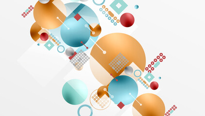 Aufkleber - Abstract geometric composition. Circles, squares, rectangles overlap. Light blue, orange, red hues dominate design. Minimalist style.