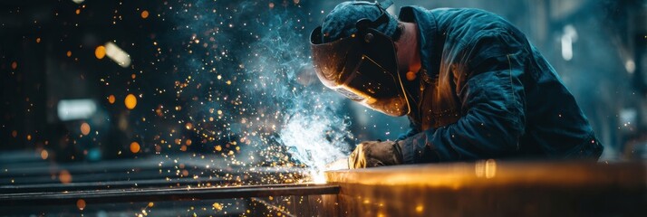 Leinwandbilder - Steel Worker Performing Welding on Metal Frame With Sparks Illuminating the Surroundings in an Industrial Workshop