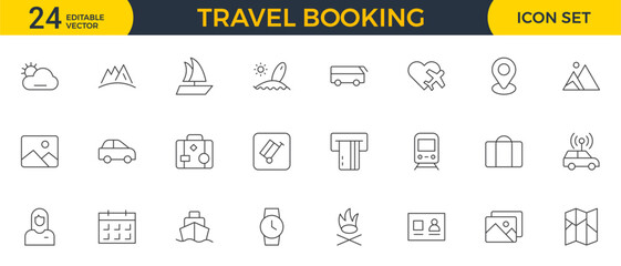  Travel Booking Icon Set. Stylish and user-friendly icons for enhancing travel apps, websites, and services, perfect for streamlining flight searches, hotel bookings, and adventure planning.