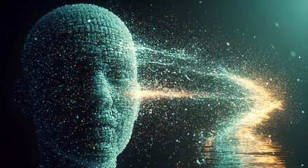 Poster - Abstract digital human head made of glowing particles emitting data. Artificial intelligence concept, machine learning visualization for technology.