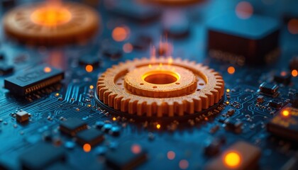 Poster - Macro view of a circuit board with golden gears in vibrant colors. High-tech concept of innovation. Technology, data transfer, digital world, connection, futuristic design, and industry.