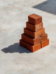 Fototapete - Stack of Red Bricks Casting a Shadow on a Clean Concrete Surface Under Natural Light