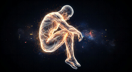 Poster - Abstract man figure with glowing light paths. Human spiritual awakening, inner energy and connection to universe. Emotional technology visualization.