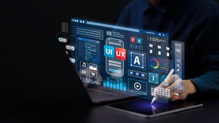 Fototapete - Web UI-UX design, web development concept. A web developer works on a website to develop mobile and laptop app interface. User interface and experience.  application design. User experience. coding.