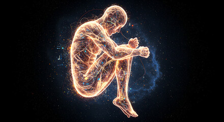Poster - Abstract glowing human figure in fetal position. Digital visualization of mind, emotion, artificial intelligence, and consciousness. Futuristic technology concept.