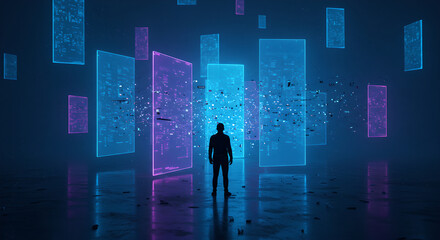 Poster - Man standing in digital realm with glowing data panels. Immersive virtual reality with abstract technology, future innovation concept.